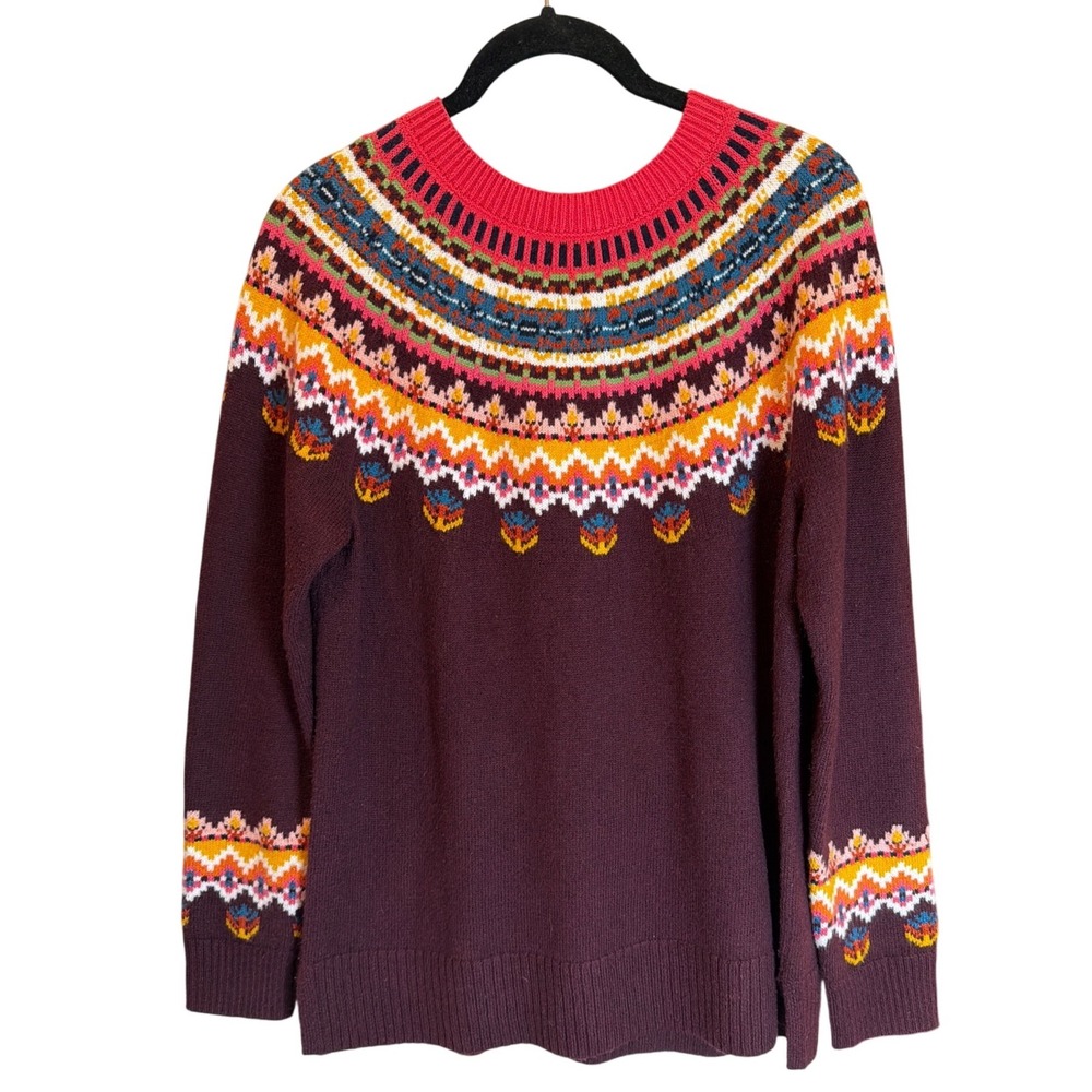Talbots‎ Womens Fair Isle Crewneck Sweater Burgundy Plum Cotton Blend Size S